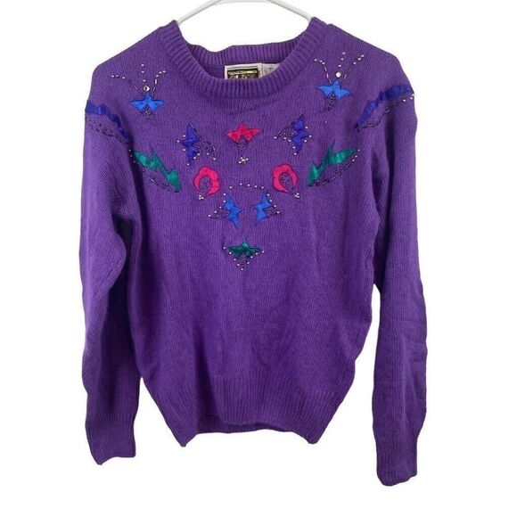 American Vintage 80's Glitz Purple Beaded Sweater Size M Silk Angora Blend - Picture 1 of 6